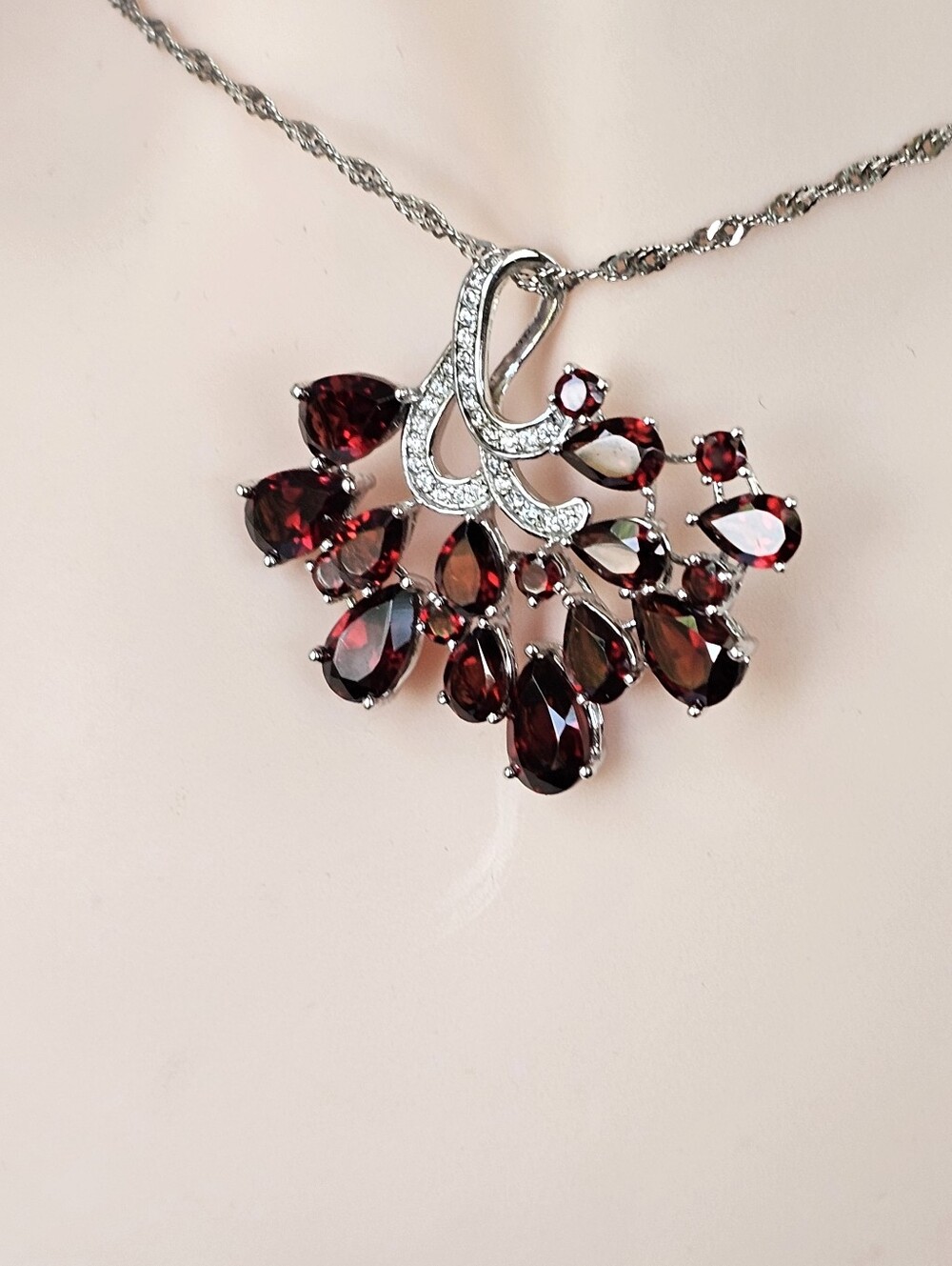 Genuine Garnet Art Deco Necklace & Earrings Sterling Silver Rhodium White Zircon